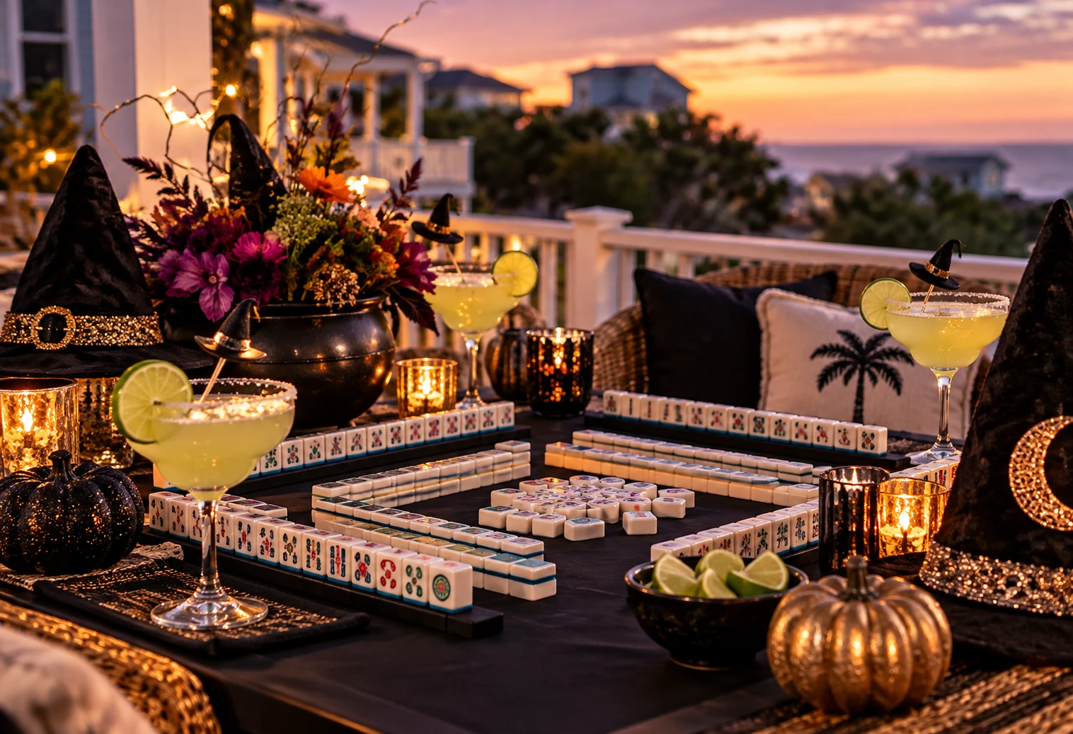 A Halloween Mahjong table at sunset — tiles, margaritas, witch hats, and pumpkins on a coastal deck