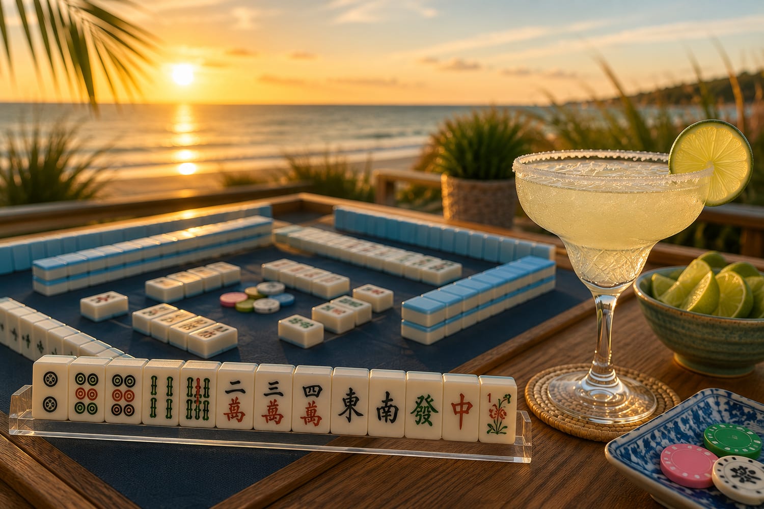 A Mahjong tile rack and a frozen margarita on a deck overlooking the beach at sunset